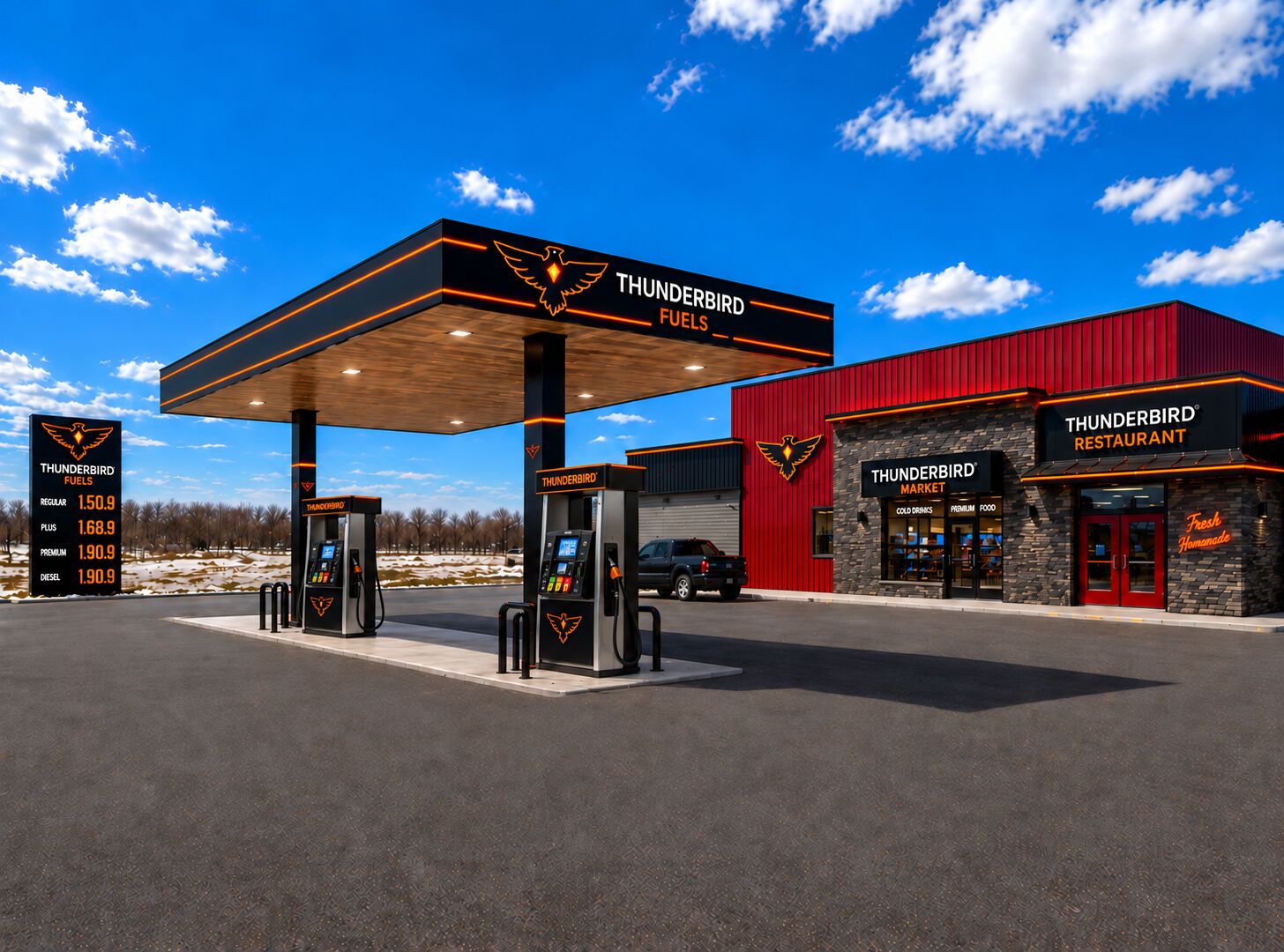 Rendering of a Thunderbird Fuels station with fuel canopy, market, and restaurant